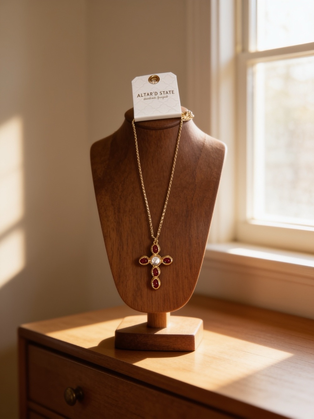 Altar'd State Gold Necklace with Red and White Cross Pendant